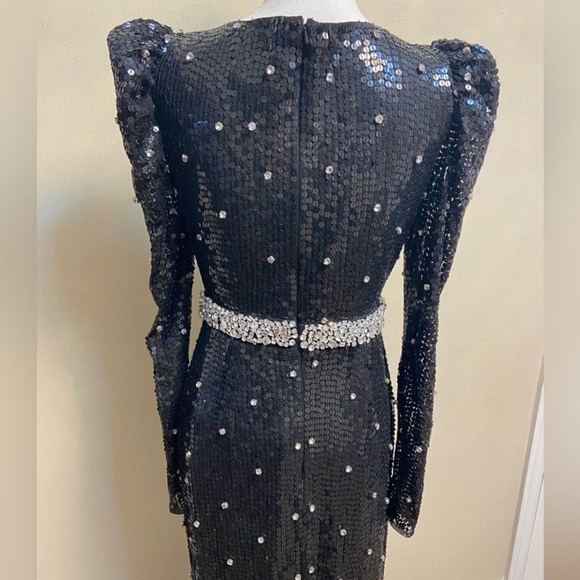 Mac Duggal Black Sequin Long-Sleeve V-Neck Gown with Rhinestone Waist Sz 4 New - Picture 11 of 12